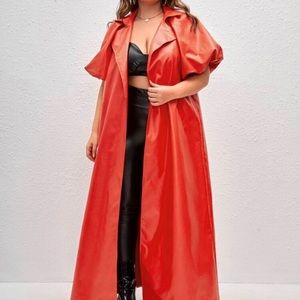 Red Lapel Neck Puff Sleeve PU Leather Coat